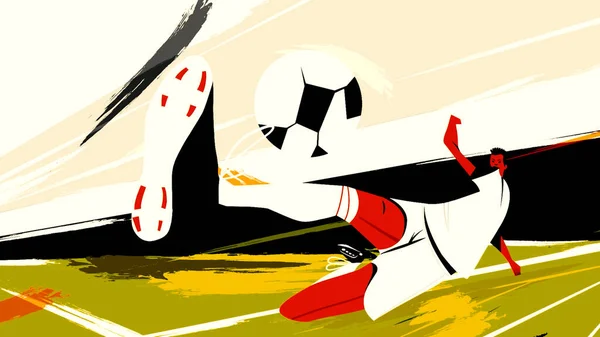 Silueta animada abstracta de un jugador de fútbol masculino congelado en un salto para golpear la pelota. Moción. Detalles de un juego de deportes en un campo verde. — Foto de Stock