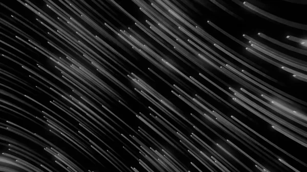Zilveren stromen volgens cirkelvormige baan op zwarte achtergrond, naadloze lus. Beweging. Witte gloeiende balken vliegen snel en draaiend. — Stockfoto