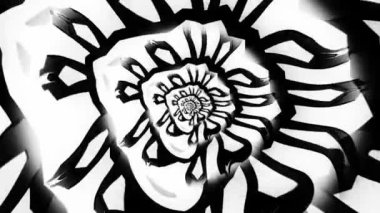 Hareket eden süslemelerle soyut kaleydoskop hareket arkaplanı. Hareket. Siyah ve beyaz dairesel şekil değiştirme, kusursuz döngü.