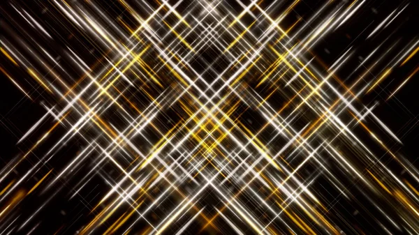 Abstracte stromen van gloeiende witte en gouden segmenten kruising op zwarte achtergrond, naadloze lus. Animatie. Glanzende diagonale strepen vormen een silhouet van een ruit. — Stockfoto