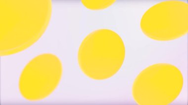 Soyut sarı yumurtalıklar, mor ve beyaz renklerdeki sıvı madde gibi yavaşça akıyor. Animasyon. Karşıt arkaplan üzerine büyük ve küçük oval şekilli figürler
