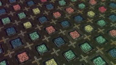 Koyu yeşil arkaplanda hareket eden kare şekilli QR kodlarının soyut paralel satırları. Animasyon. Dijital bilgi kavramı, kusursuz döngü.