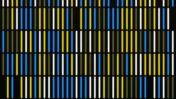 Abstract vertical parallel rows of line segments moving intermittently from bottom to top isolated on black background. Animation. Seamless loop motion of colorful stripes. — Stock Video