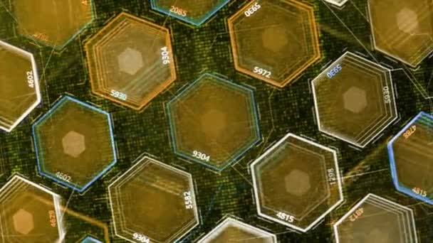 Silhouettes transparentes abstraites d'hexagones coulant devant des rangées colorées de figures géométriques. Animation. Visualisation du circuit imprimé, boucle transparente. — Video