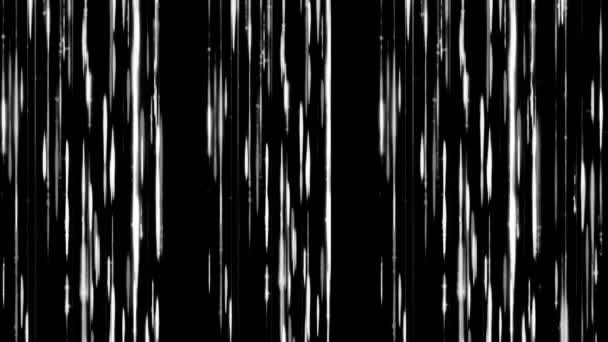 Rain curtain of glowing lines. Animation. Beautiful glowing lines slowly move downwards forming rain streams. Rain streams of glowing lines on black background — Stock Video