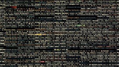 Bir bilgisayar kodunun soldan sağa rastgele çizgileri soyuttur. Animasyon. Siyah arkaplan üzerindeki bir bilgisayar programının karmaşık tanımı, pürüzsüz döngü.