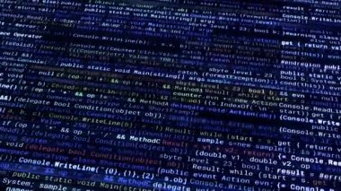 Soyut renkli yanıp sönme ve arka plandaki bir programlama kodunun satır değişimleri. Animasyon. Yapay zeka ve bilgisayar bilimi kavramı, kusursuz döngü.