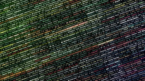 Abstract colorful blinking and changing lines of a programing code on a dark background. Анимация. Концепция искусственного интеллекта и информатики, бесшовный цикл. — стоковое фото