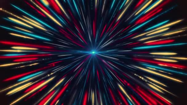 Abstract magnetic light blue core surrounded by colorful red, blue, yellow rays on black background, seamless loop. Animation. Rotating pulsating short stripes around a blue point. — Stock Video