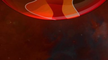 Uzayda dönen yuvarlak kırmızı nesnenin soyut bir parçası. Hareket. Güzel kırmızı çark karanlık kozmik arkaplanda yavaşça dönüyor..