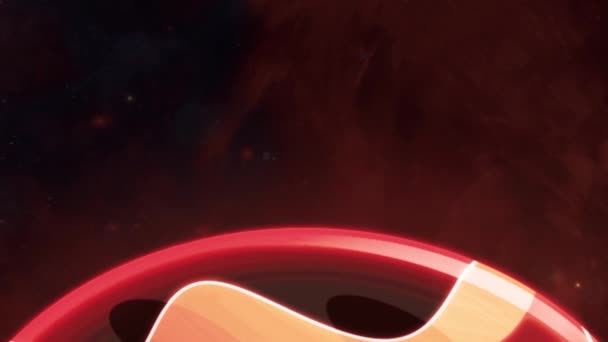 Detalhe abstrato de uma roda de fiação vermelha e dourada com uma nuvem de poeira espacial sobre fundo preto. Moção. Uma parte do anel de fiação, conceito de roda do destino. — Vídeo de Stock