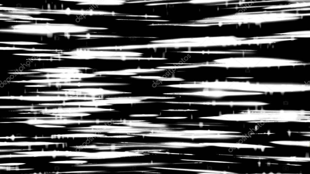 Abstract monochrome visualization of hyperspace with celestial bodies looking like a cloud of many glowing lines. Animation. Outer space with many shining white stripes.