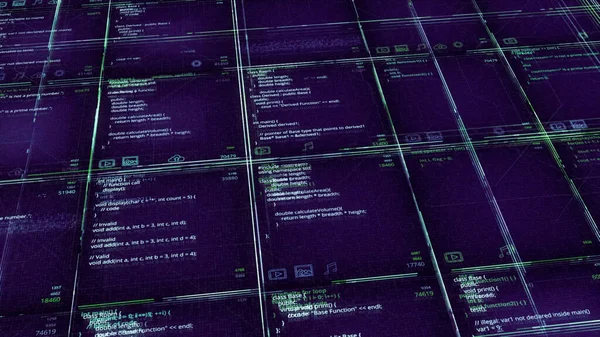 Streaming digital data abstraction with numbers and letters in rows of square shapes. Animation. Violet futuristic background with running code lines, seamless loop. — Stock Photo, Image