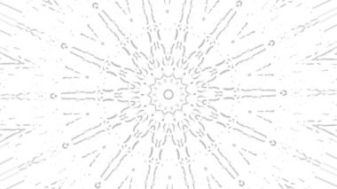 Durdurma etkisi olan soyut siyah beyaz hareketli kaleydoskop deseni. Animasyon. Beyaz arkaplanda tek renkli kaleydoskopik mandala.