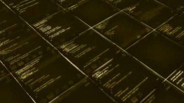 Koyu yeşil hücreler arasında uçan dijital metin. Animasyon. Çalışan kod ya da veri analizine sahip geleceksel arkaplan, pürüzsüz döngü.