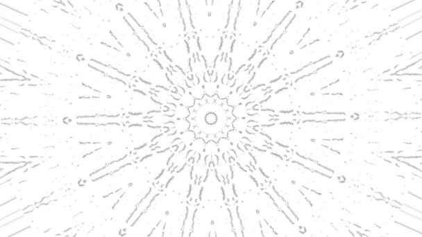 Abstraktní černobílý animovaný kaleidoskop s efektem stop motion. Animace. Monochromatické kaleidoskopické mandaly na bílém pozadí.