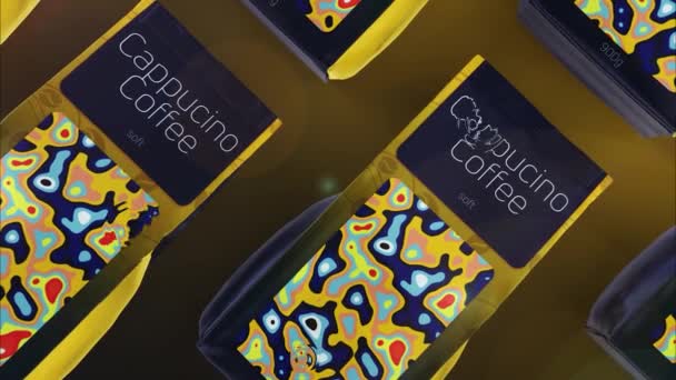 Абстрактные пакеты кофе капучино и капли воды. Движение. Красивый дизайн упаковки кофе на золотом фоне. — стоковое видео
