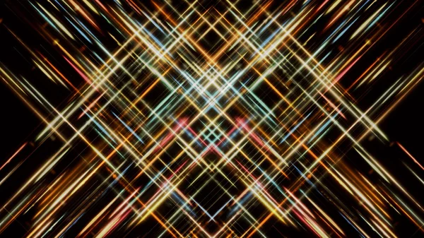 Красочный светящийся неоновый технологический квадрат или ромб, образованный растянутыми потоками полос. Анимация. Два диагональных потока неоновых сегментов в центре черного экрана, бесшовный цикл. — стоковое фото