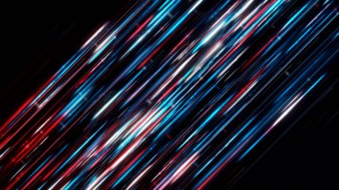 Siyah zemin üzerinde dijital bilgi akışının soyut görselleştirilmesi, kusursuz döngü. Animasyon. Mavi, beyaz ve kırmızı elektrik ışınları, teknolojik ilerleme kavramı.