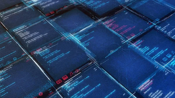 Structure of program interface in computer. Animation. Bright blue background with computer database in form of program codes. Software in table cells — Stock Photo, Image