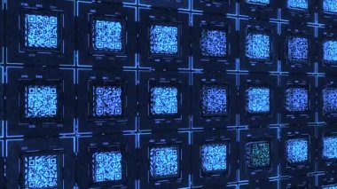 Qr Code ile geçmiş. Animasyon. Elektronik arkaplan, siyah arkaplanda birden fazla QR kodu var. Qr kodlu elektronik boşluk paneli