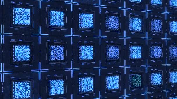 Hintergrund mit QR-Code. Animation. Elektronischer Hintergrund mit mehreren QR-Codes auf schwarzem Hintergrund. Panel im elektronischen Raum mit Qr-Codes — Stockvideo