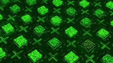 QR kodlu veritabanı. Animasyon. Elektronik uzay ve bir sürü yeşil QR kodu. Matrix içinde bilgi içeren Qr kodları