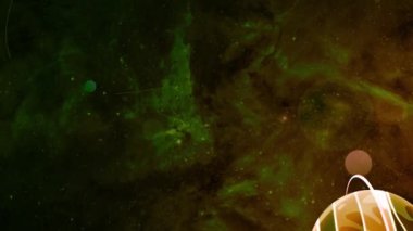 Canlandırılmış gezegen yeşil uzayın arka planında hareket ediyor. Hareket. Çizgi film gezegeni renkli dış uzayda hareket ediyor. Uzay animasyonu ve hareket eden gezegen çocuk çizgi filmi stilinde