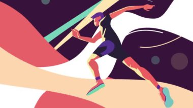Geometrik şekiller üzerinde zıplayan soyut genç bir adamın yan görünüşü. Hareket. Spor ve aktif yaşam tarzı kavramı.