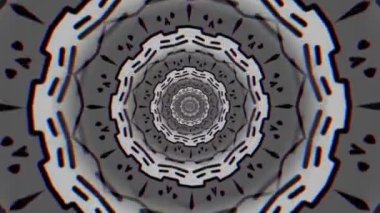 Renkli yıldızlar titreşiyor, kusursuz döngü. Hareket. Simetrik mandala deseni titreşiyor ve yayılıyor, kaleydoskopik soyut şekiller.