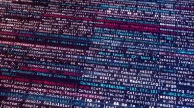 Çok renkli program metni. Animasyon. Program sözcüklerini ve kodlarını değiştiren büyük metin. Geniş şifreli metin biçiminde yazılım