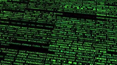 Siyah arkaplanda matris program kodu. Animasyon. Matris veritabanı sağlayan kodlardan yeşil metin. Siyah arkaplanda büyük yeşil matris biçimi metin