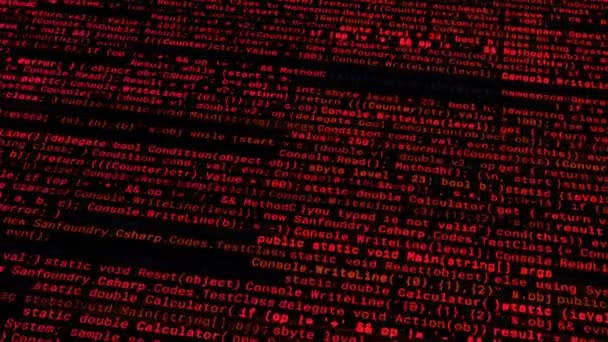 Testo del programma rosso del sistema hackerato. Animazione. L'hacker e 'entrato nel database all'interno del sistema di sicurezza del software. I codici di sicurezza rossi indicano il pericolo di hacking — Video Stock