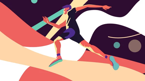 Zijaanzicht van een abstracte jonge springende man op geometrische vormen achtergrond. Beweging. Begrip sport en actieve levensstijl. — Stockfoto