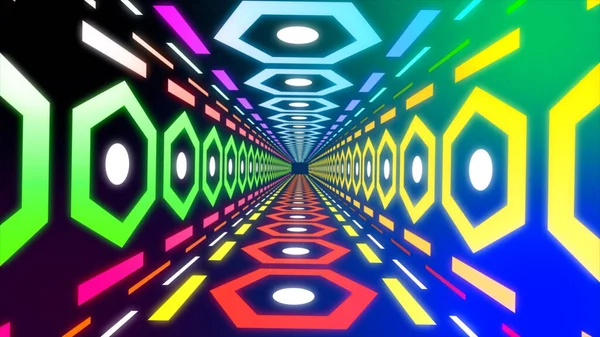 Двигаясь внутри шестиугольного туннеля с красочными сторонами, бесшовный цикл. Движение. Летающие через бесконечный футуристический 3D портал. — стоковое фото