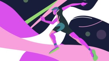 Ağır çekimde koşucunun soyut silueti, mor renkli spor arka planı. Hareket. Spor egzersizleri yapan bir adamın yan görünüşü. Ağır çekimde koşucunun soyut silüeti. Sportif.