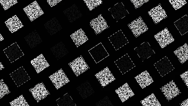 Abstraktní diagonální řady čtvercových černobílých QR kódů pohybujících se pomalu na černém pozadí. Animace. Koncept digitálních informací, monochromatický. — Stock fotografie