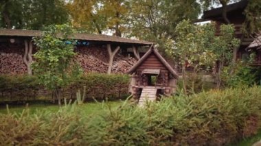 Baba Yaga 'nın muhteşem dekoratif evi. Ormanlık bir alanda bir parkta. Video kaydı. Rus folkloru kavramı, peri masalları..