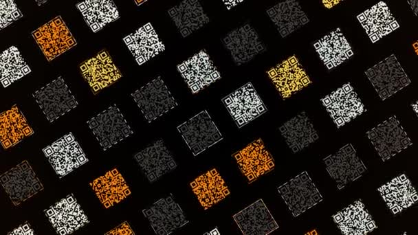 Latar belakang teknologi dengan deretan paralel kode QR oranye, kuning, putih, dan hitam berbentuk persegi. Animasi. Banyak ukuran yang sama kode QR di latar belakang hitam, loop mulus. — Stok Video