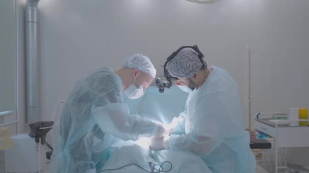 Two surgeons perform operation on man. Action. Surgeons professionally perform operation on patient under anesthesia. Light operating room and surgeons performing operation — Stock Video