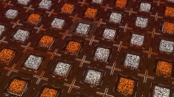 Ряды QR-кодов квадратной формы с движущимися электрическими импульсами на оранжевом фоне. Анимация. Концепция связи и информационных технологий. — стоковое видео