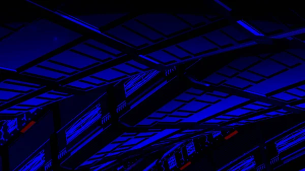 Máquina futurista abstracta de color azul oscuro en cámara lenta. Moción. Mecanismo de transformación extraterrestre en el espacio exterior. — Foto de Stock