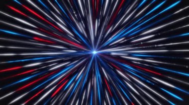 Zamanda ve uzayda milyonlarca ışınla çevrili mavi bir ışık deliğiyle. Animasyon. Mavi ve kırmızı ışıkların oluşturduğu renkli tünel..