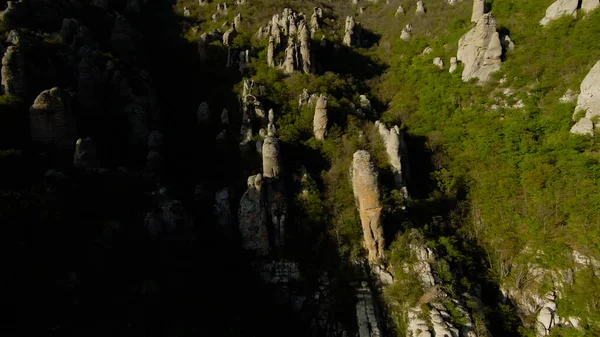 Pilares de pedra em encostas de montanhas. Atingido. Belo voo em encostas rochosas com erosão e árvores verdes. Variedade de formações rochosas em encostas de montanhas verdes — Fotografia de Stock