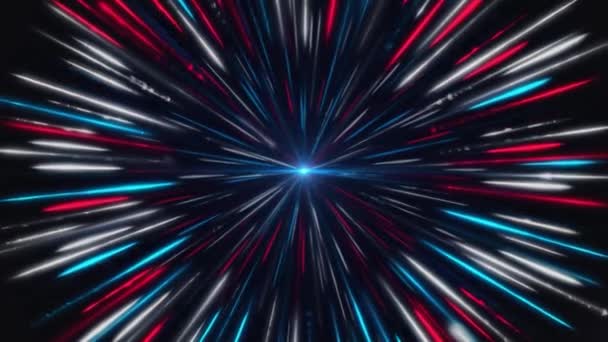 Wurmloch in Zeit und Raum mit blauem Licht, umgeben von Millionen von Strahlen. Animation. Bunter Tunnel aus blauen und roten Lichtern, nahtlose Schleife. — Stockvideo