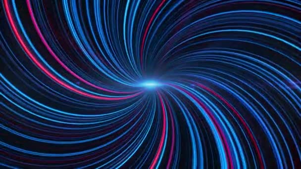 Colorful twisted shapes in rotating motion, seamless loop. Animation. Bending beams around glowing central point on black background. — Stock Video