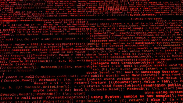 Red program text of hacked system. Animation. Hacker broke into database inside software security system. Red security codes indicate danger of hacking — Stock Photo, Image