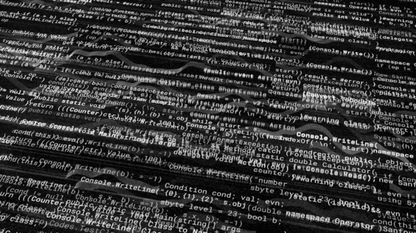 Fondo blanco y negro del texto del programa. Animación. Programa texto sólido con caracteres cambiantes sobre fondo negro. Programación con códigos de texto y cifrados — Foto de Stock