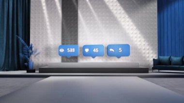 Görüş, beğeni ve paylaşımların tezgahı ile soyut sosyal ağ bildirimleri. Hareket. Popüler içerik kavramı, soyut dekore edilmiş kaide üzerindeki simgeler.