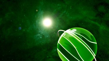 Canlandırılmış gezegen yeşil uzayın arka planında hareket ediyor. Hareket. Çizgi film gezegeni renkli dış uzayda hareket ediyor. Uzay animasyonu ve hareket eden gezegen çocuk çizgi filmi stilinde